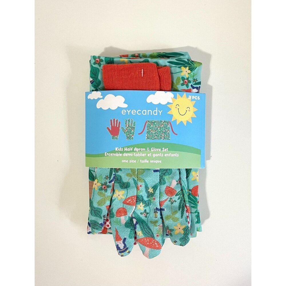 Eyecandy Kids Gardening Half Apron & Glove Set ~ Forest Gnomes & Mushrooms